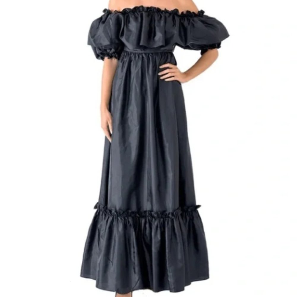 LoveShackFancy Tara Puff Sleeve Black Maxi Dress